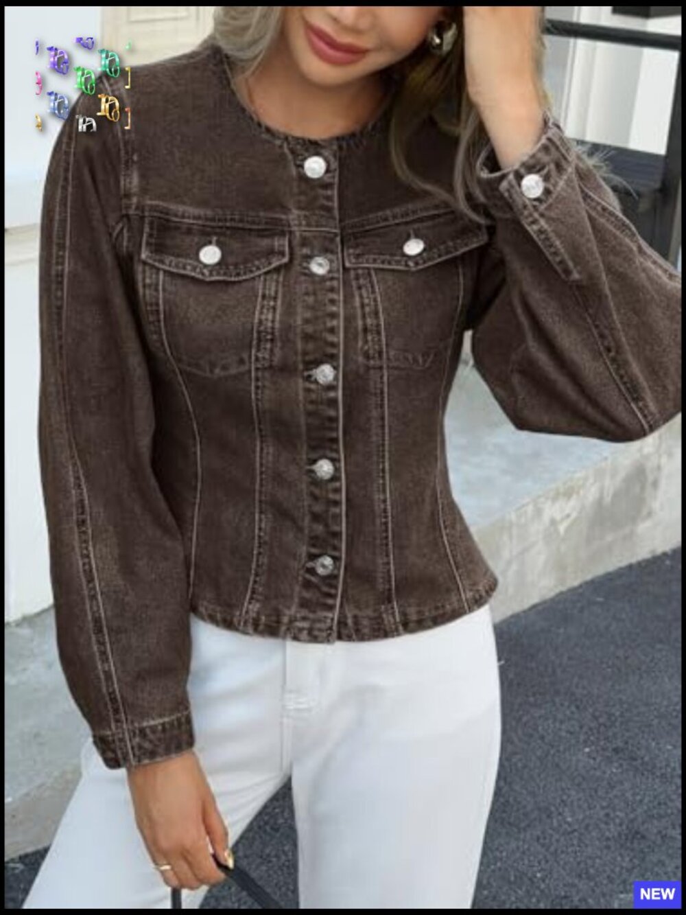 Cropped Denim Jacket Trendy Y2K Slim Fit Button Down Trucker Jacket - Picture 4 of 7